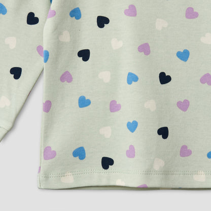 Juniors Cotton Round Neck Long Sleeves Pyjama Set with Heart Print