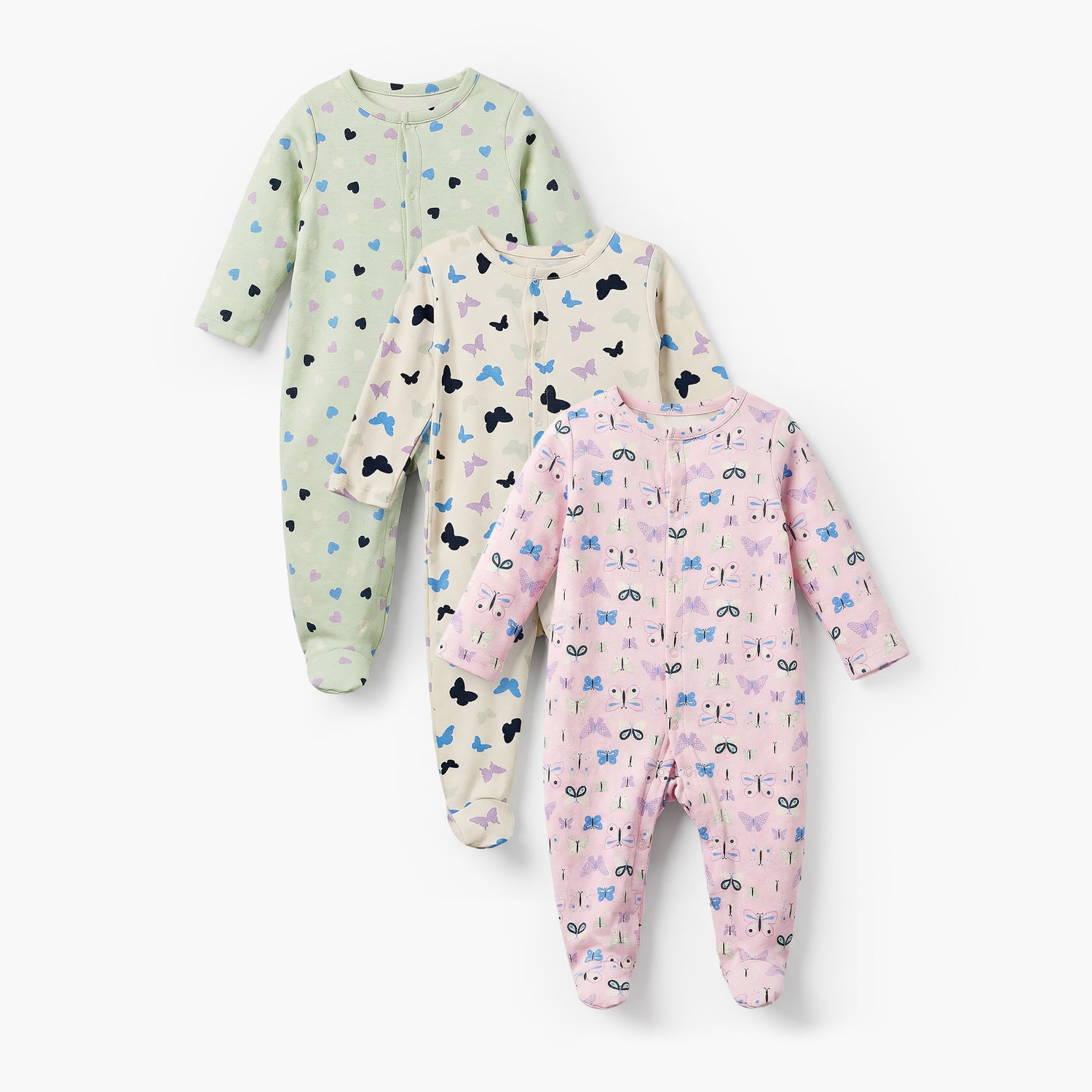 Pack of 3 Juniors Cotton Crew Neck Long Sleeves Sleepsuit with Print - Multicolour / 12-18 mths