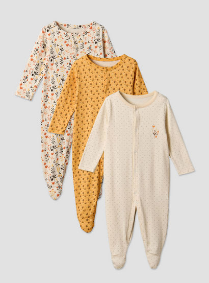 Pack of 3 Juniors Cotton Round Neck Long Sleeve Sleepsuit with Floral Print-baby-girls-clothing-nightwear-sleepsuits-image-2