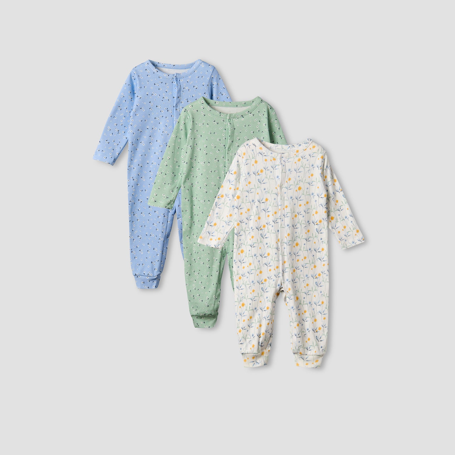 Pack of 3 Juniors Cotton Round Neck Long Sleeves Sleepsuit with Floral Print - Green / 12-18 mths