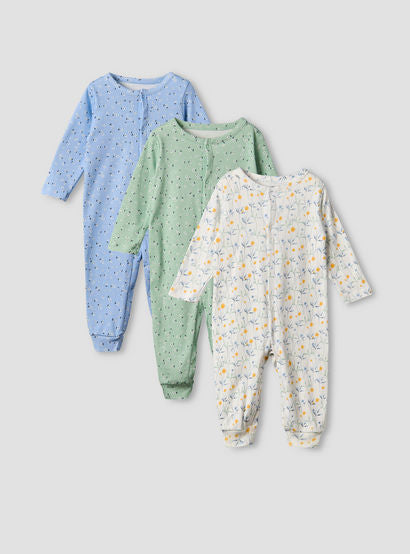 Pack of 3 Juniors Cotton Round Neck Long Sleeves Sleepsuit with Floral Print-baby-girls-clothing-nightwear-sleepsuits-image-2