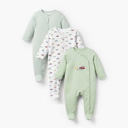 Pack of 3 Juniors Cotton Crew Neck Long Sleeves Sleepsuit with Car Print - Multicolour / 12-18 mths