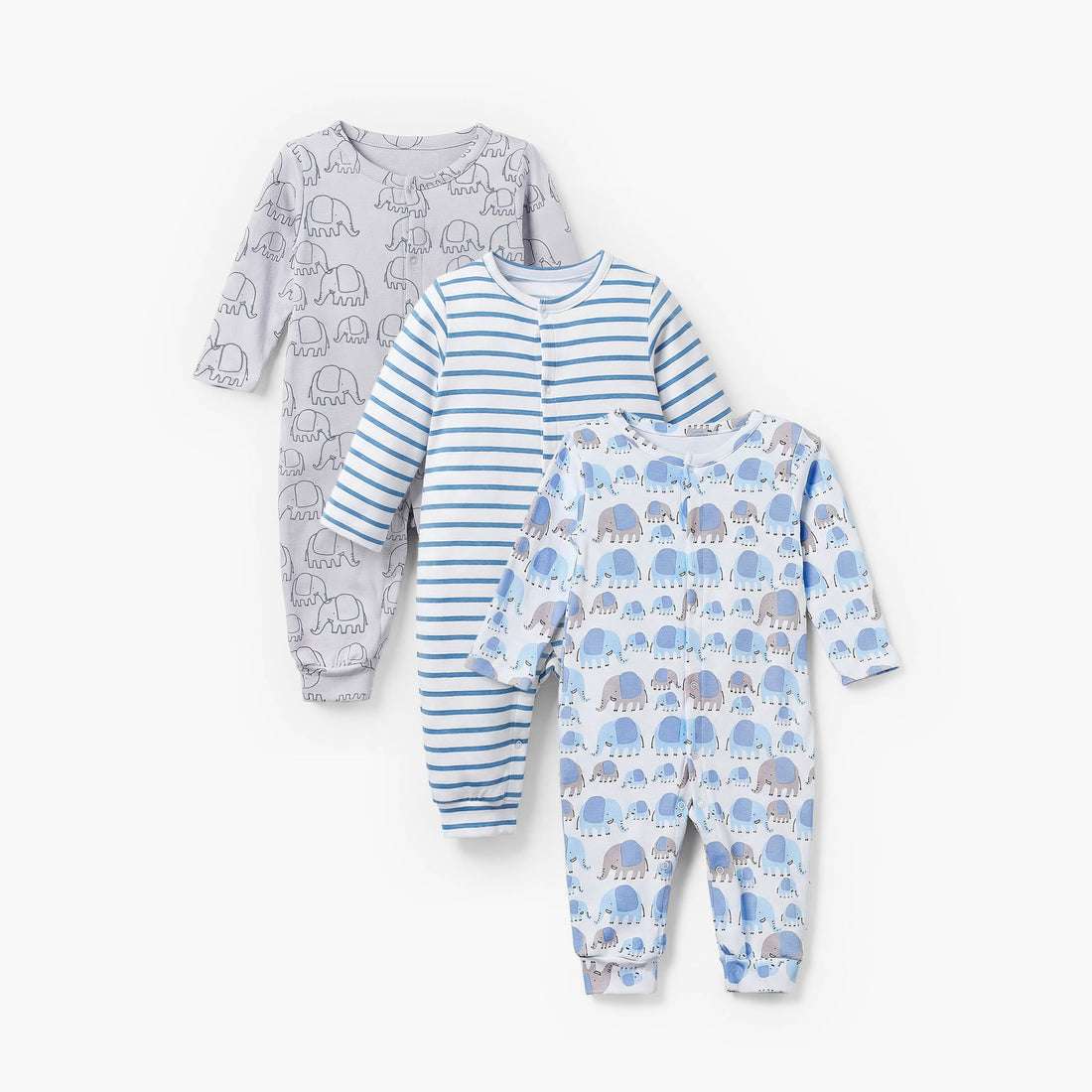 Pack of 3 Juniors Cotton Crew Neck Long Sleeves Sleepsuit with Elephant Print - Multicolour / 12-18 mths