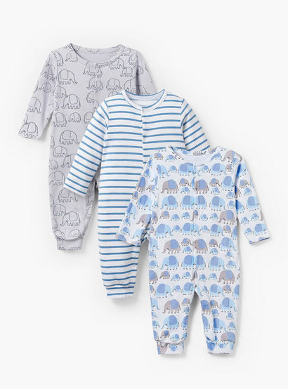 Pack of 3 Juniors Cotton Crew Neck Long Sleeves Sleepsuit with Elephant Print-baby-boys-clothing-nightwear-sleepsuits-image-1