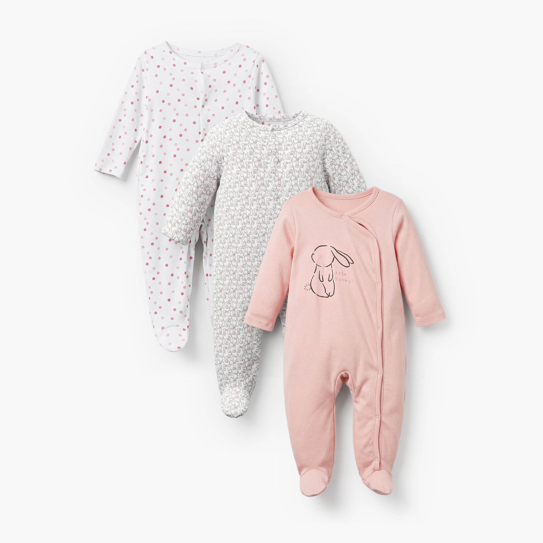 Pack of 3 Juniors Cotton Crew Neck Long Sleeves Sleepsuit with Bunny Print - Multicolour / 12-18 mths
