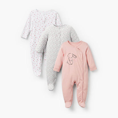 Pack of 3 Juniors Cotton Crew Neck Long Sleeves Sleepsuit with Bunny Print - Multicolour / 12-18 mths