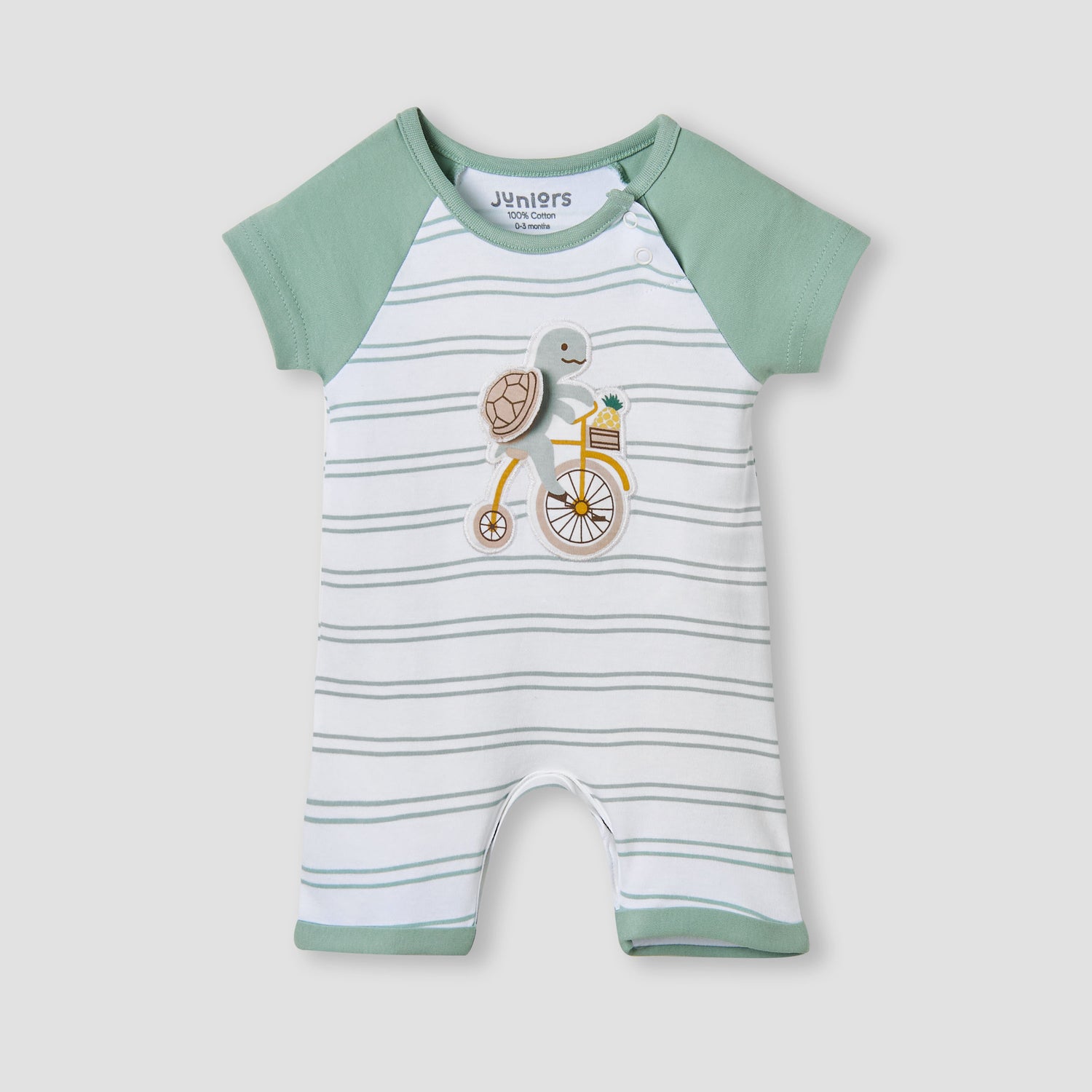 Juniors Turtle Applique Striped Romper with Raglan Sleeves