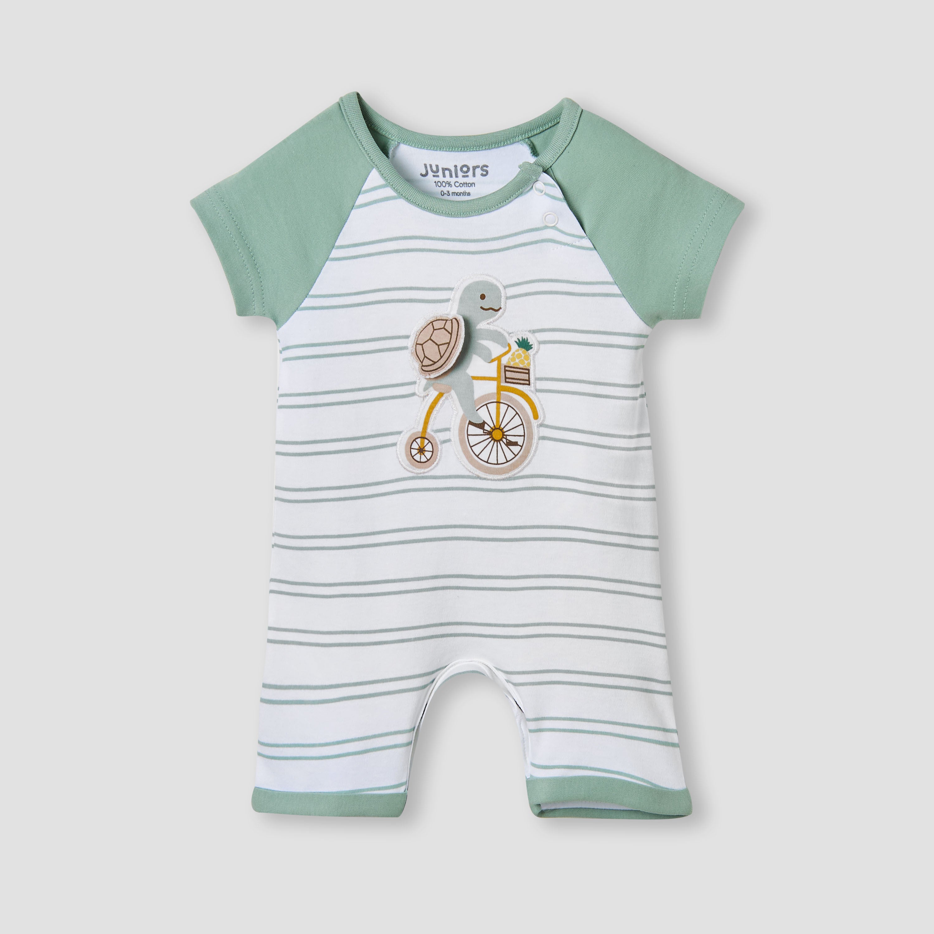 Juniors Turtle Applique Striped Romper with Raglan Sleeves