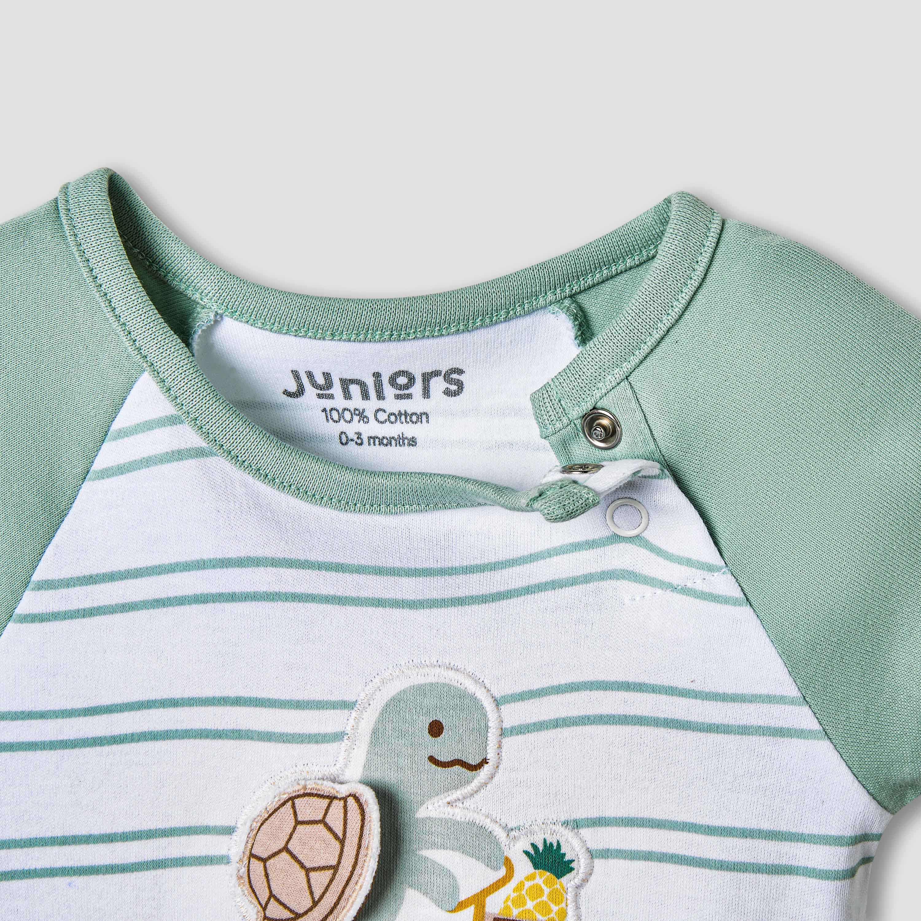 Juniors Turtle Applique Striped Romper with Raglan Sleeves