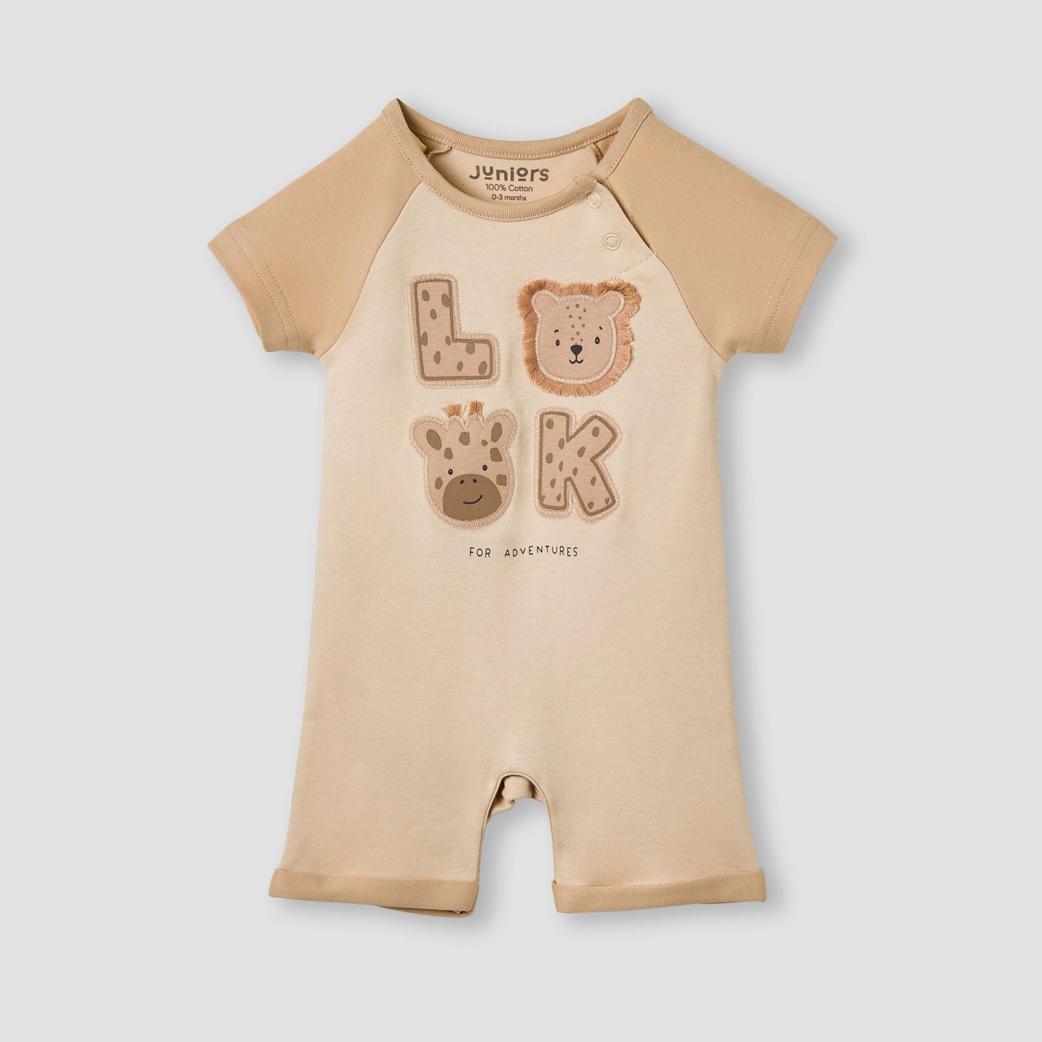 Juniors Animal Applique Romper with Raglan Sleeves - Brown / 12-18 mths