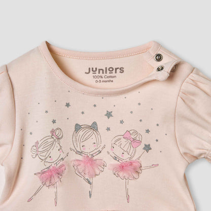Juniors Ballerina Print Romper with Puff Sleeves