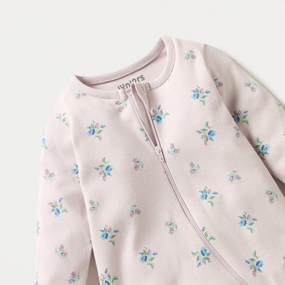 Juniors Floral Print Sleepsuit with Long Sleeves and Zip Closure