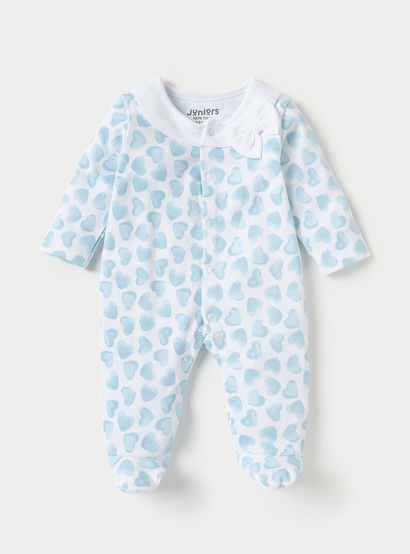 Juniors Heart Print Closed Feet Sleepsuit with Long Sleeves and Button Closure-baby-girls-clothing-nightwear-sleepsuits-image-1