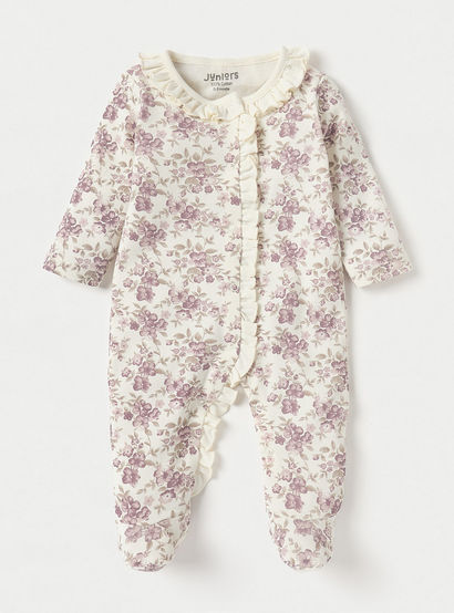 Juniors Floral Print Closed Feet Sleepsuit with Long Sleeves and Button Closure-baby-girls-clothing-nightwear-sleepsuits-image-1