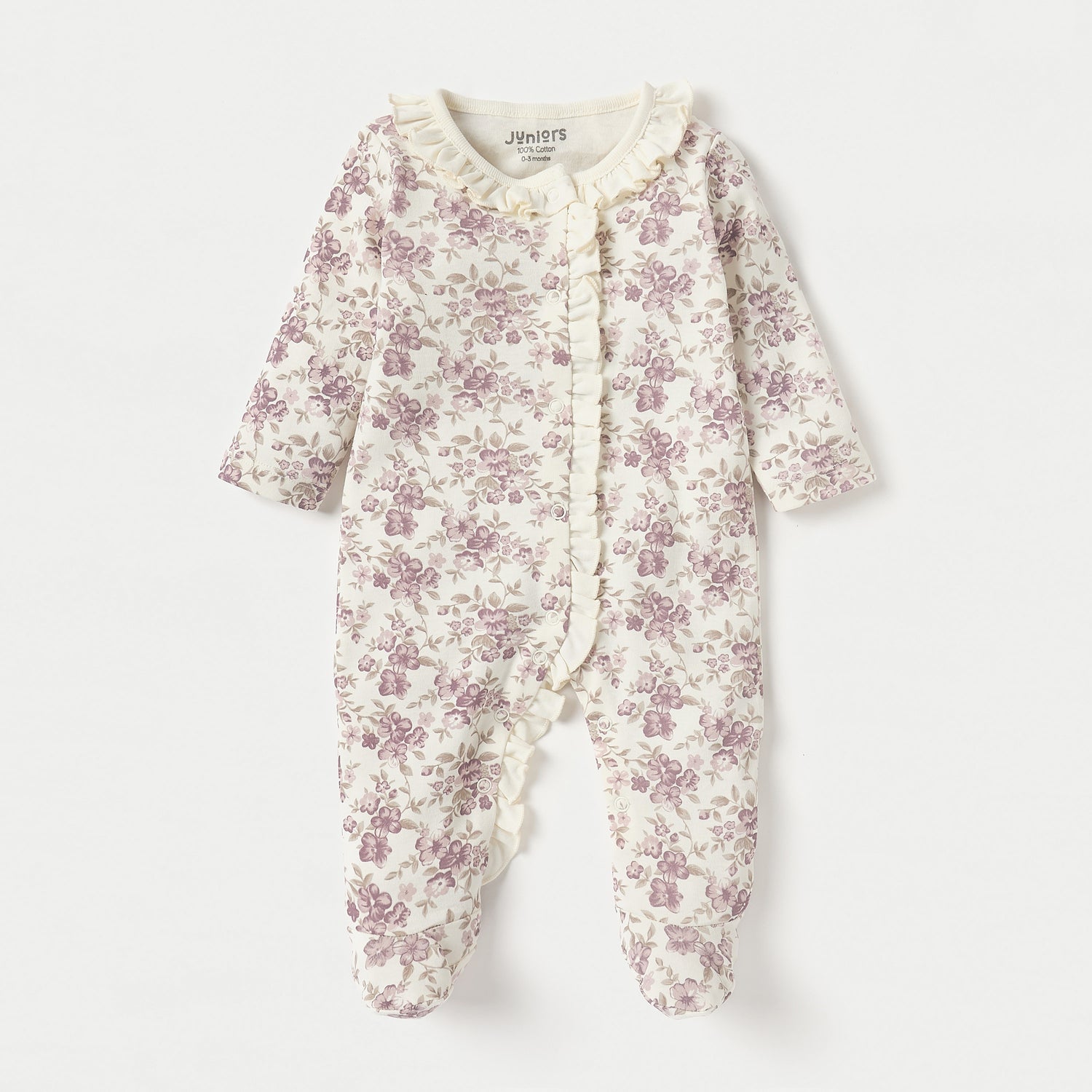 Juniors Floral Print Closed Feet Sleepsuit with Long Sleeves and Button Closure - Beige / 12-18 mths