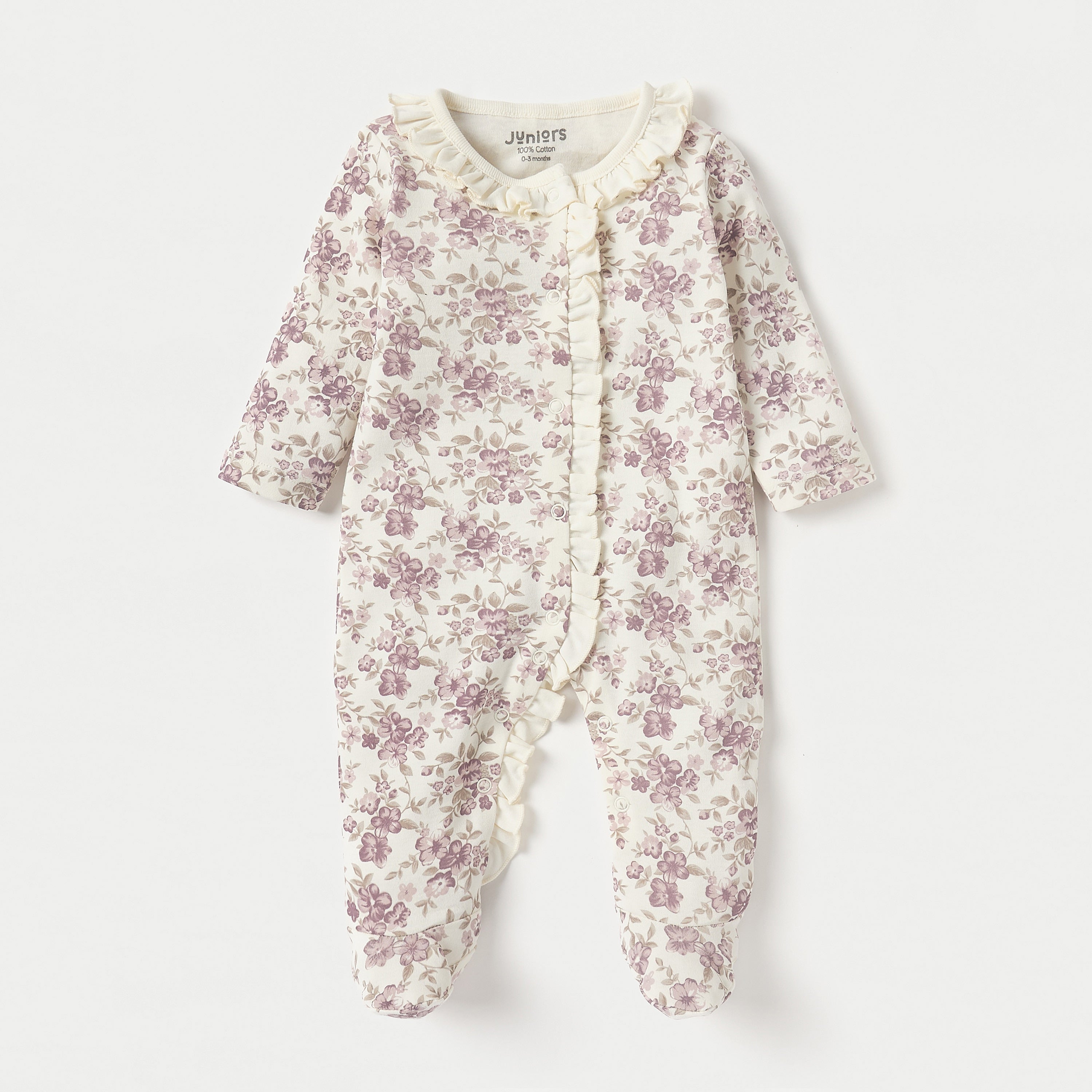 Juniors Floral Print Closed Feet Sleepsuit with Long Sleeves and Button Closure - Beige / 12-18 mths