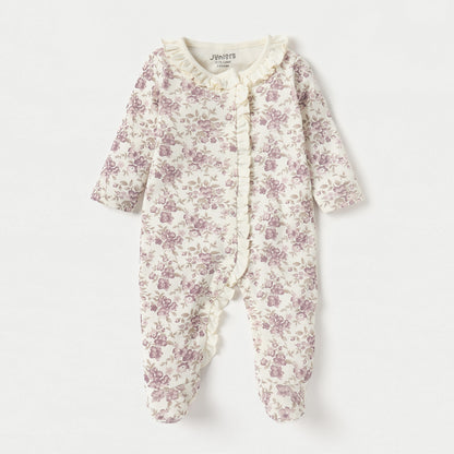 Juniors Floral Print Closed Feet Sleepsuit with Long Sleeves and Button Closure - Beige / 12-18 mths