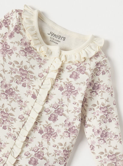 Juniors Floral Print Closed Feet Sleepsuit with Long Sleeves and Button Closure-baby-girls-clothing-nightwear-sleepsuits-image-3