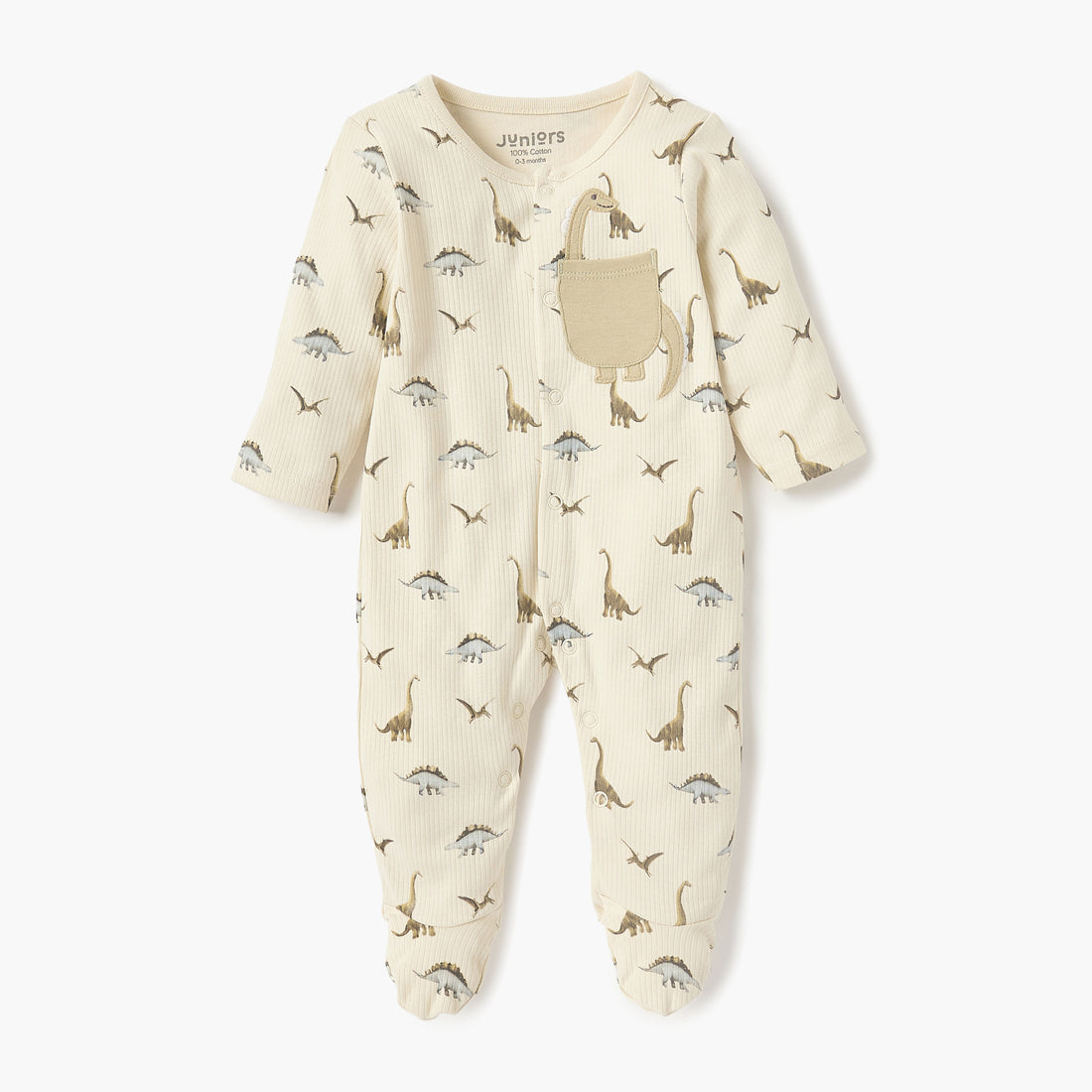 Juniors Dino Print Closed Feet Sleepsuit with Button Closure - Beige / 12-18 mths