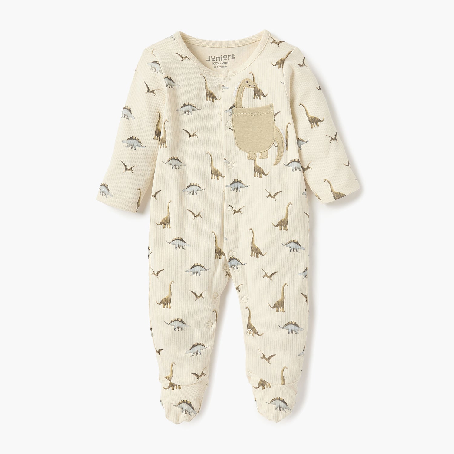 Juniors Dino Print Closed Feet Sleepsuit with Button Closure - Beige / 12-18 mths
