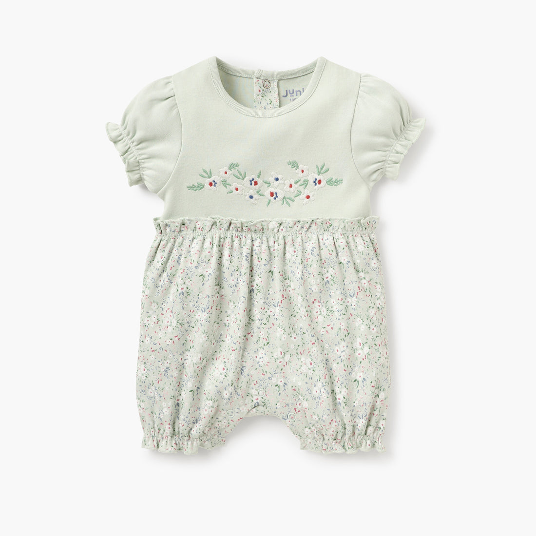 Juniors Floral Print Romper with Round Neck and Short Sleeves - Green / 12-18 mths