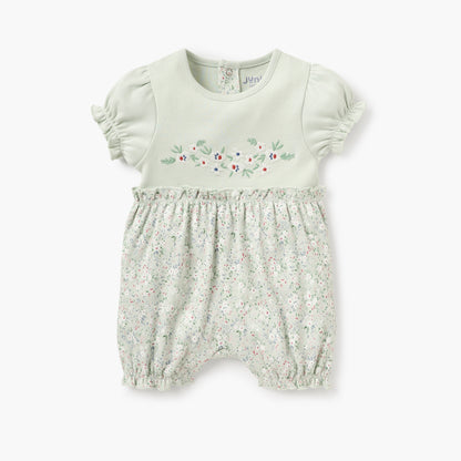 Juniors Floral Print Romper with Round Neck and Short Sleeves - Green / 12-18 mths