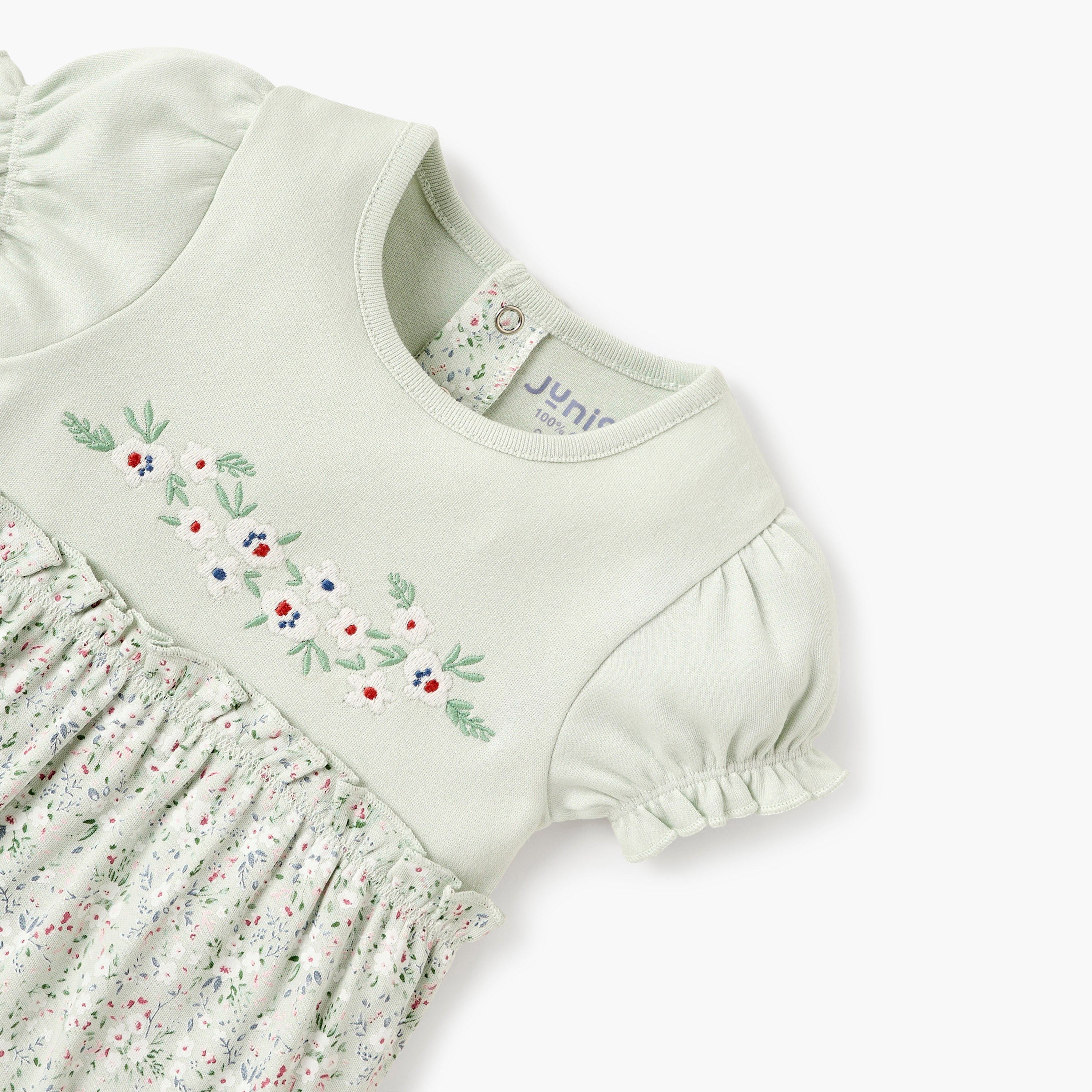Juniors Floral Print Romper with Round Neck and Short Sleeves