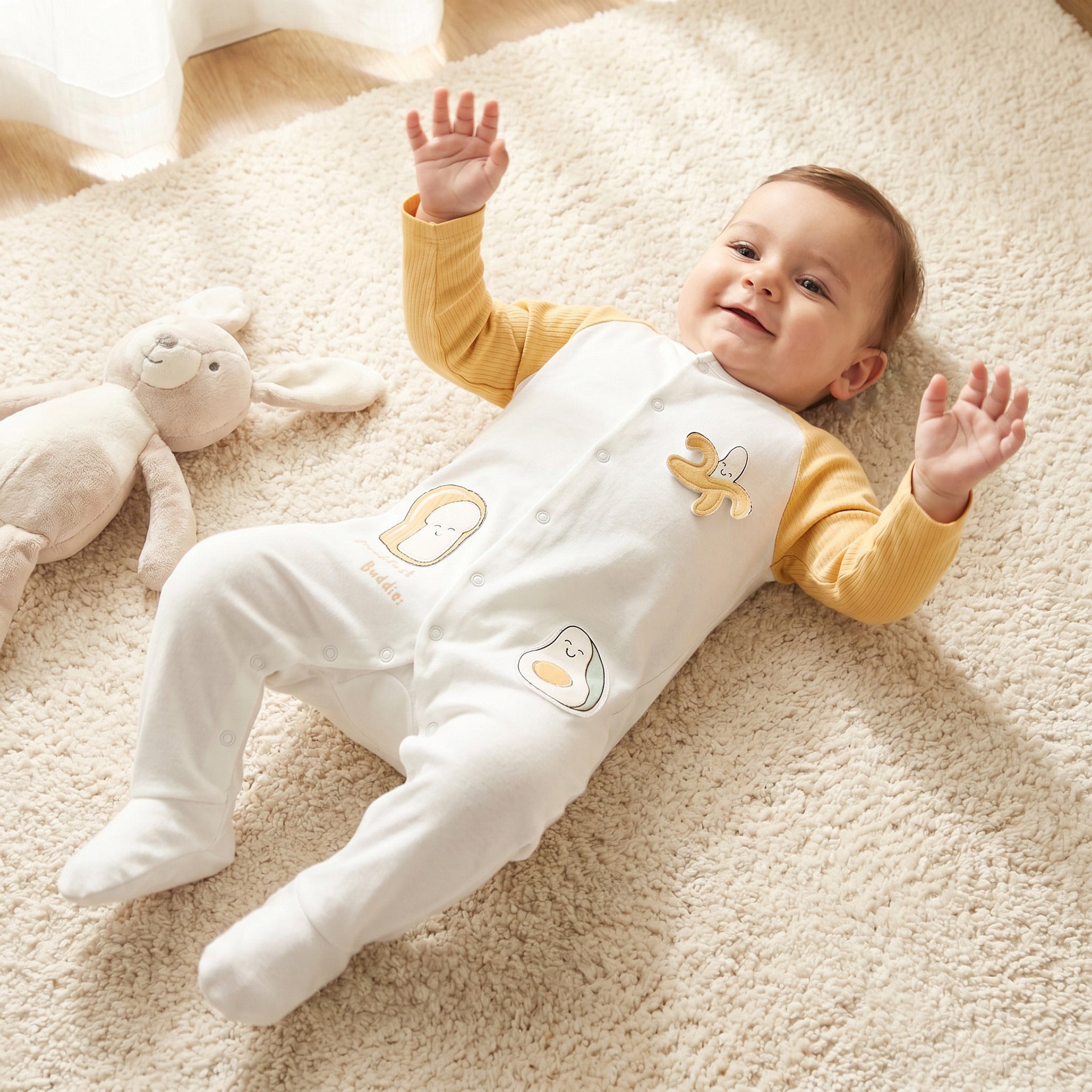 Juniors Cotton Round Neck Long Sleeves Sleepsuit with Food Applique - Multicolour / 9-12 mths
