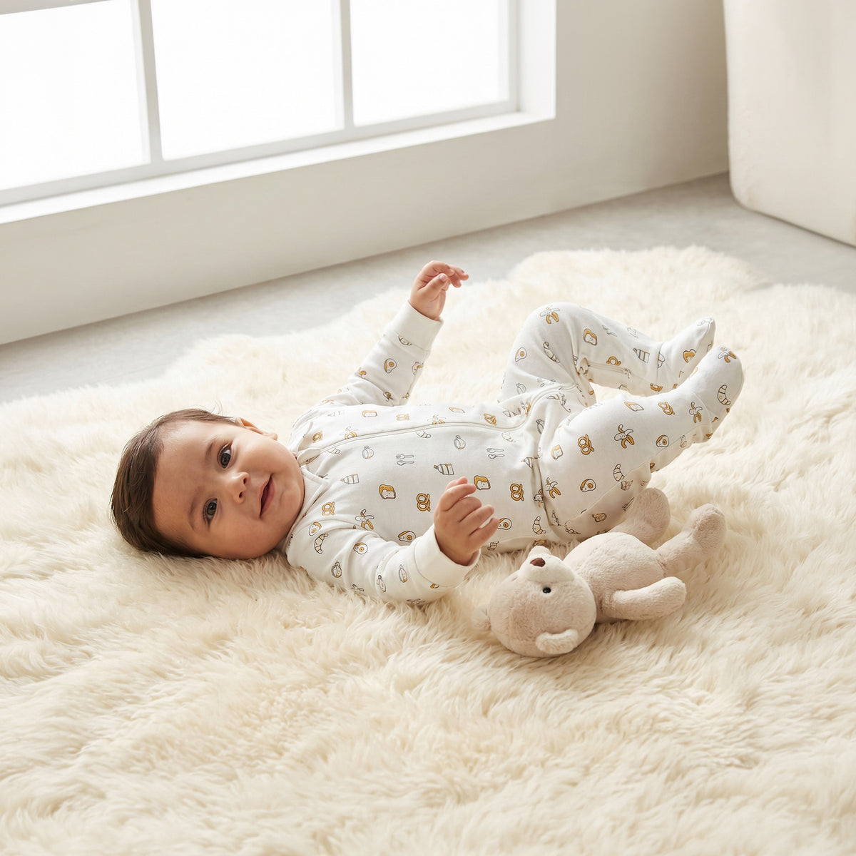 Juniors Cotton Collared Long Sleeves Sleepsuit with Breakfast Print - White / 9-12 mths