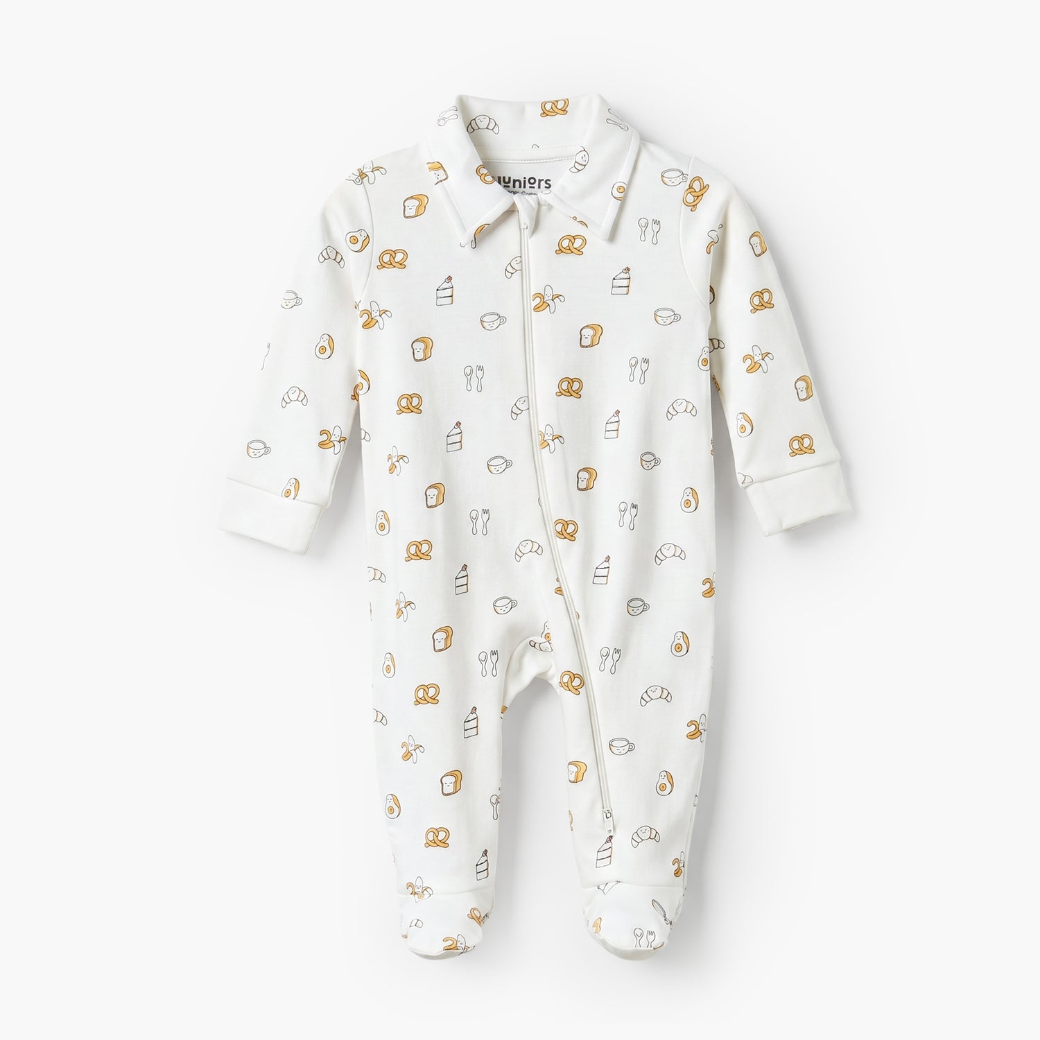 Juniors Cotton Collared Long Sleeves Sleepsuit with Breakfast Print - White / 9-12 mths