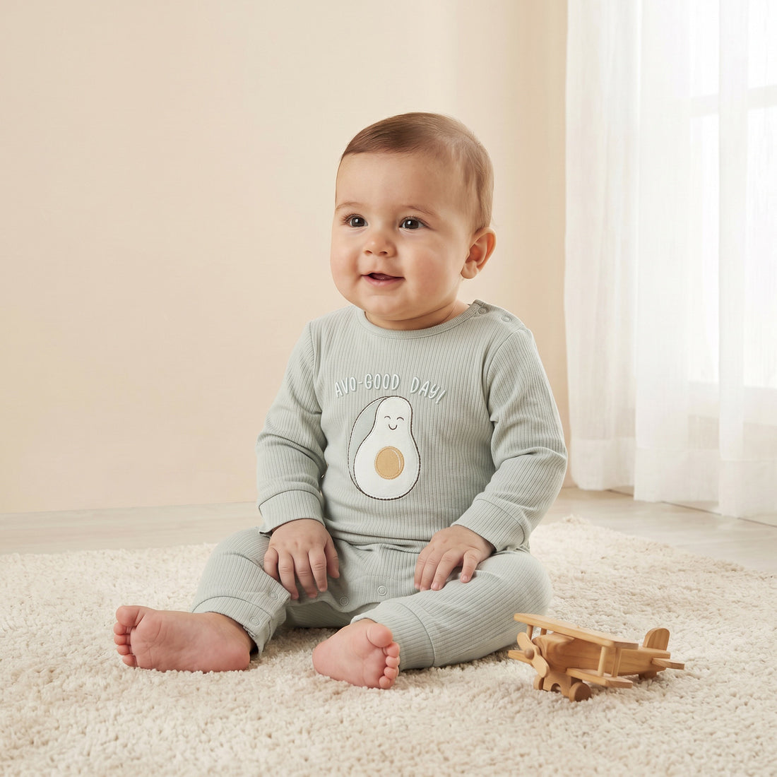 Juniors Cotton Round Neck Long Sleeves Sleepsuit with Avocado Applique - Green / 12-18 mths