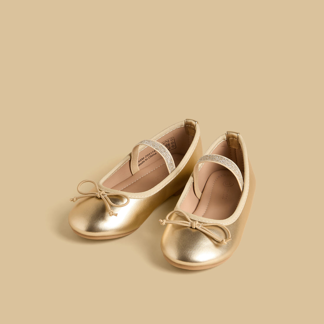 Bow Embellished Ballerina Shoes with Elasticated Strap - Gold / 20