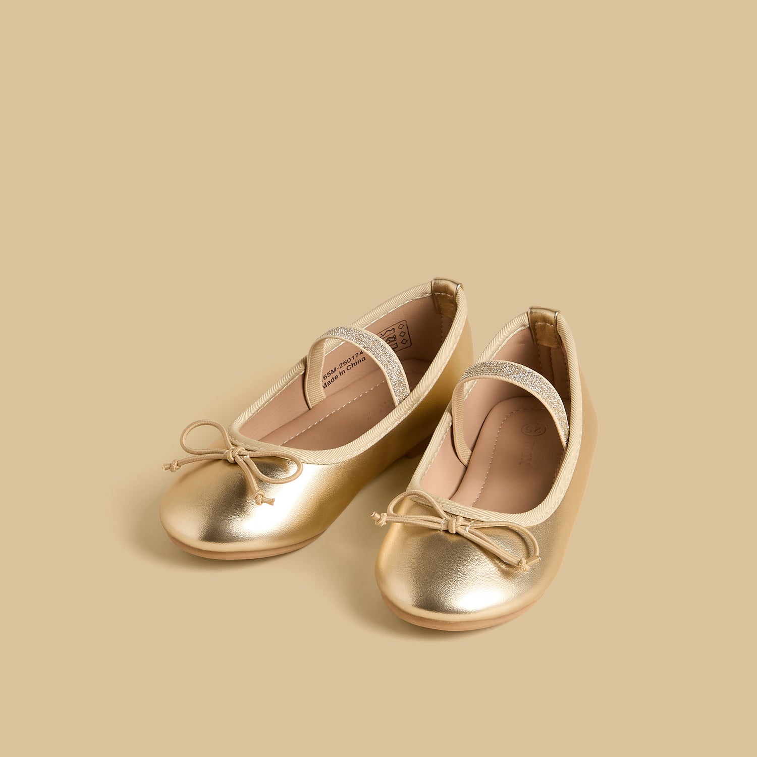 Bow Embellished Ballerina Shoes with Elasticated Strap - Gold / 20