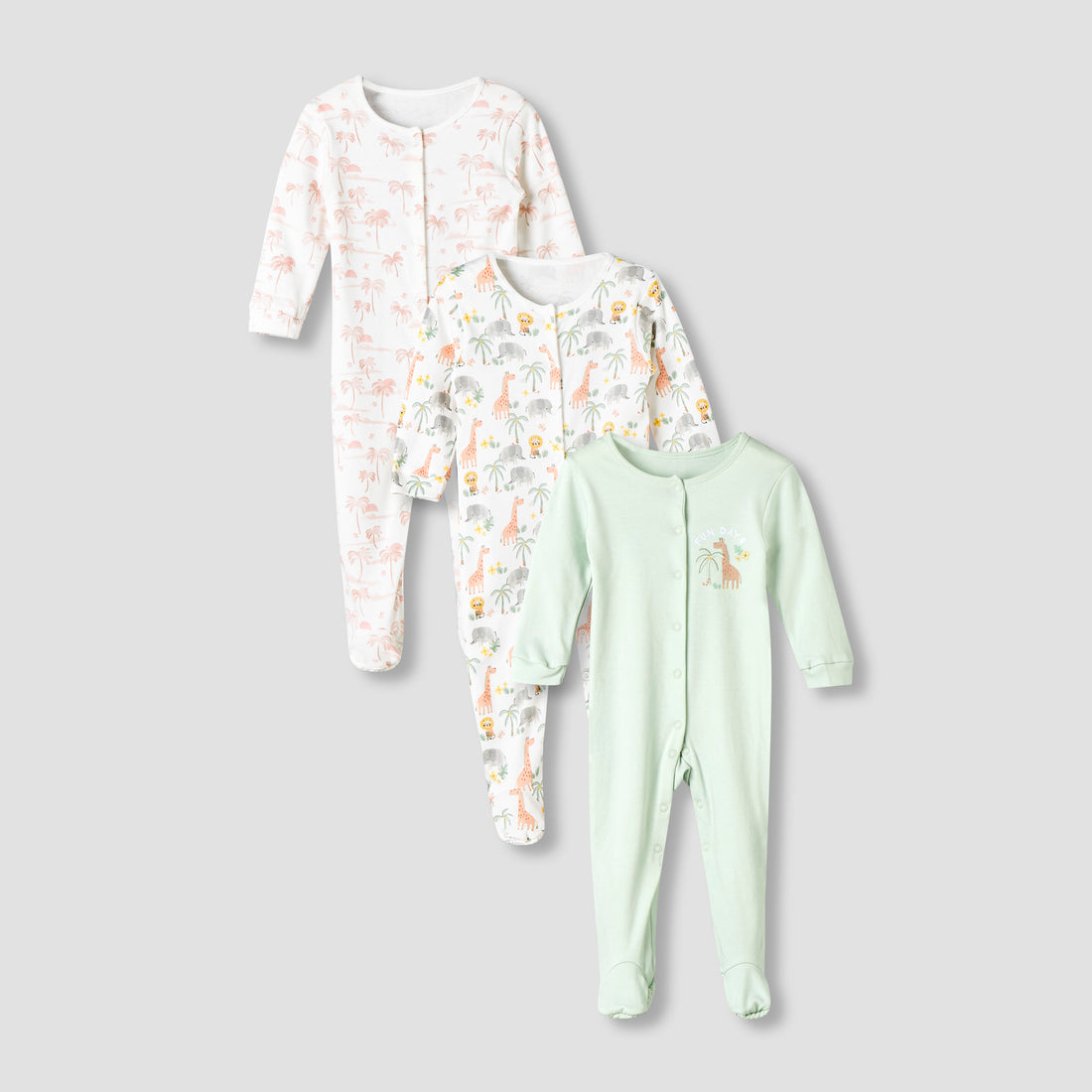 Pack of 3 Juniors Cotton Round Neck Long Sleeve Sleepsuit with Snap Button Closure - Multicolour / 12-18 mths