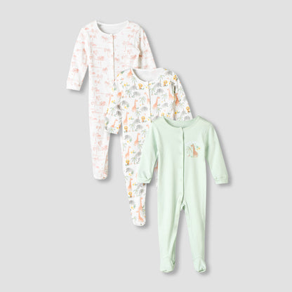 Pack of 3 Juniors Cotton Round Neck Long Sleeve Sleepsuit with Snap Button Closure - Multicolour / 12-18 mths