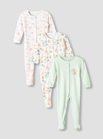 Pack of 3 Juniors Cotton Round Neck Long Sleeve Sleepsuit with Snap Button Closure-baby-girls-clothing-nightwear-sleepsuits-image-1