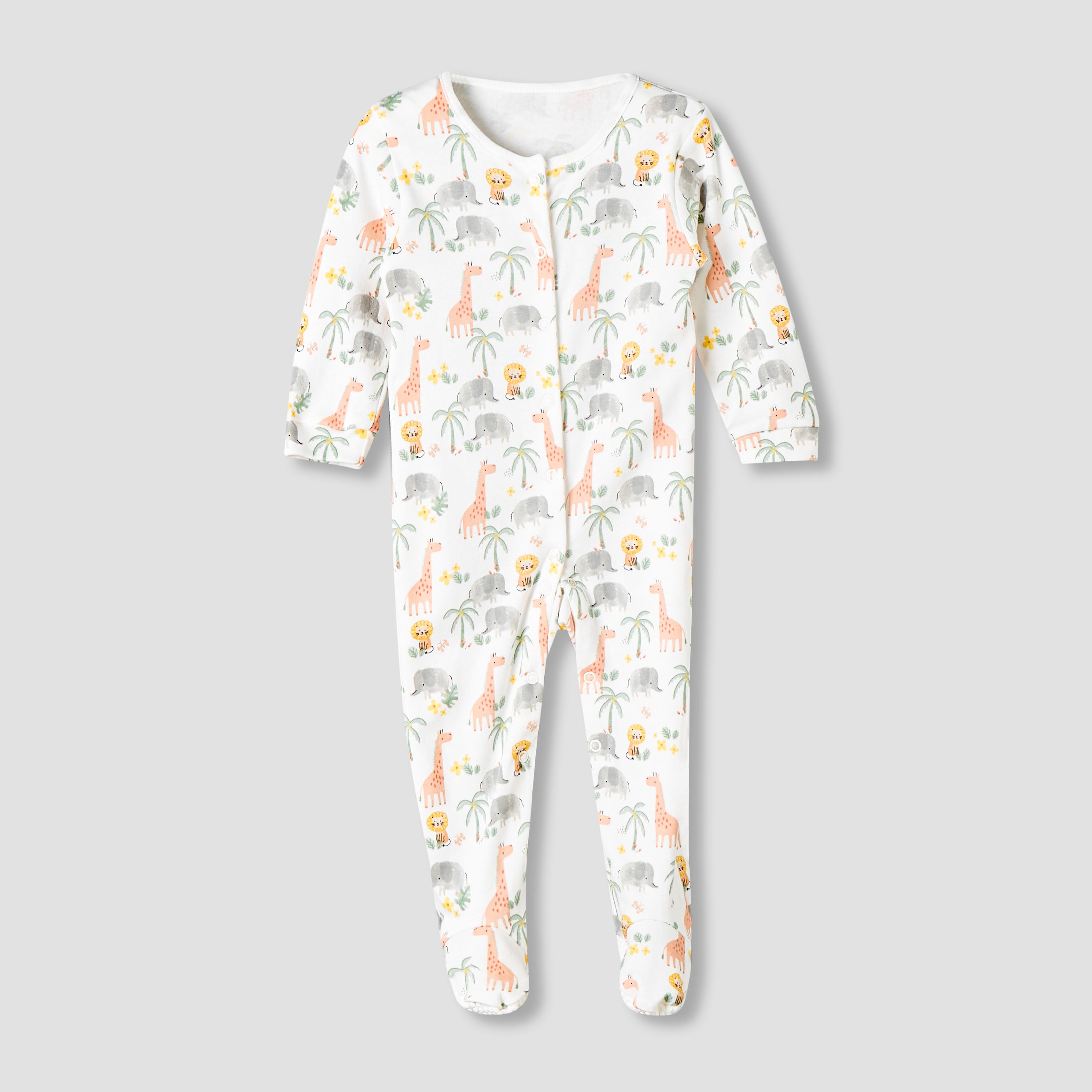 Pack of 3 Juniors Cotton Round Neck Long Sleeve Sleepsuit with Snap Button Closure