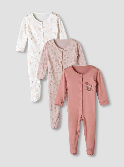 Pack of 3 Juniors Cotton Round Neck Long Sleeve Sleepsuit with Snap Button Closure-baby-girls-clothing-nightwear-sleepsuits-image-1