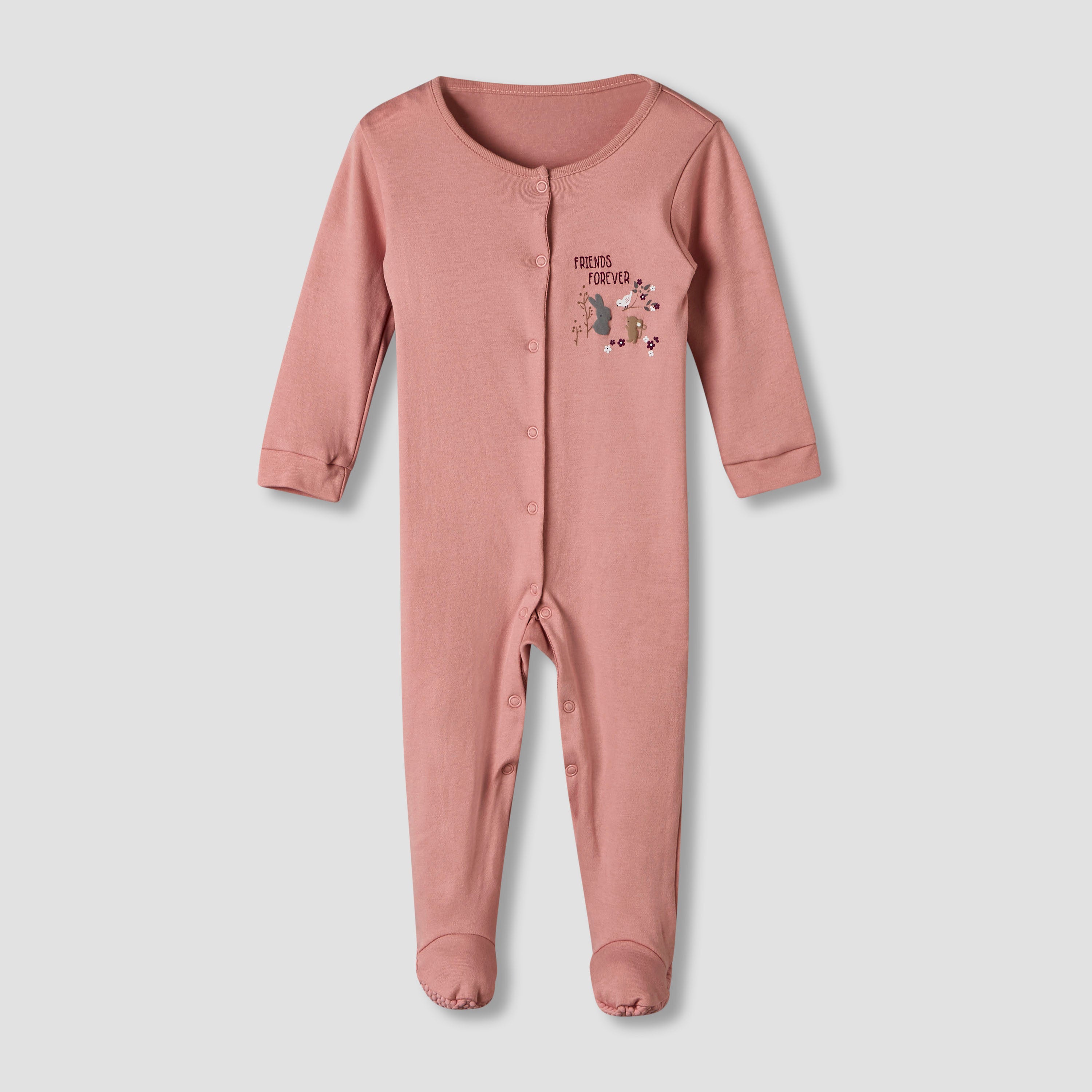 Pack of 3 Juniors Cotton Round Neck Long Sleeve Sleepsuit with Snap Button Closure