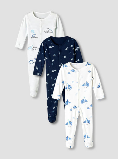 Pack of 3 Juniors Cotton Round Neck Long Sleeve Sleepsuit with Snap Button Closure-baby-boys-clothing-nightwear-sleepsuits-image-1