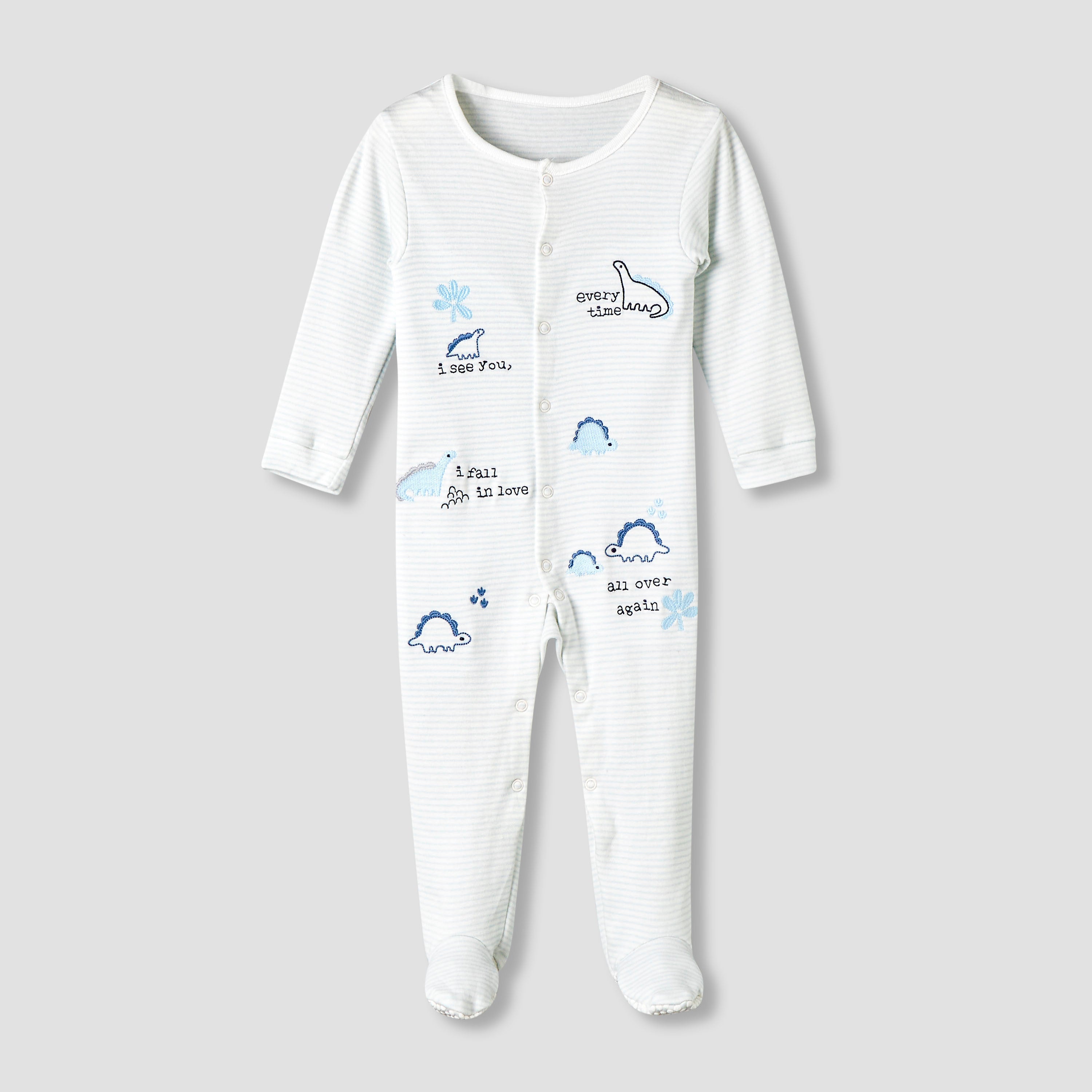 Pack of 3 Juniors Cotton Round Neck Long Sleeve Sleepsuit with Snap Button Closure