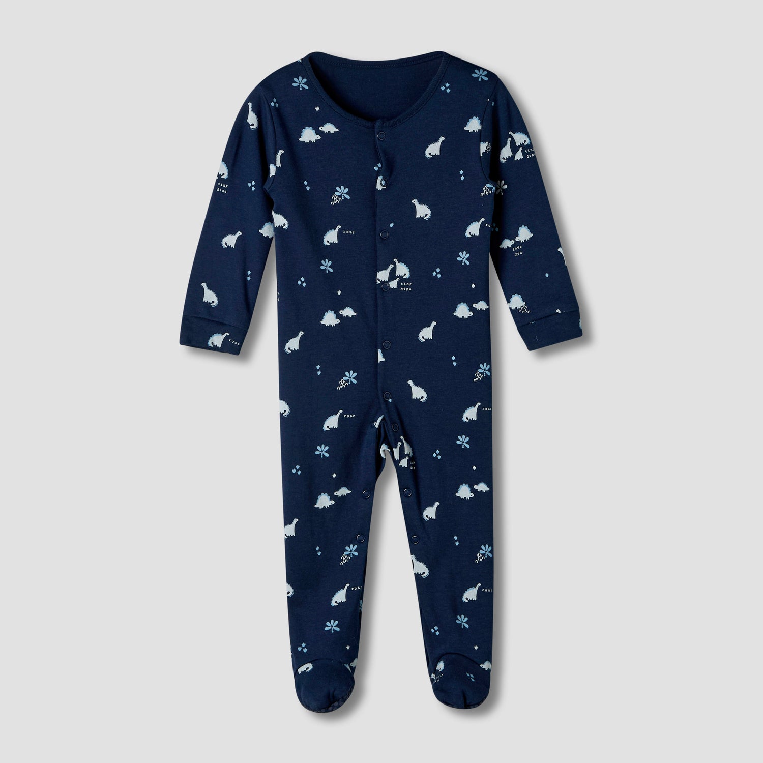 Pack of 3 Juniors Cotton Round Neck Long Sleeve Sleepsuit with Snap Button Closure