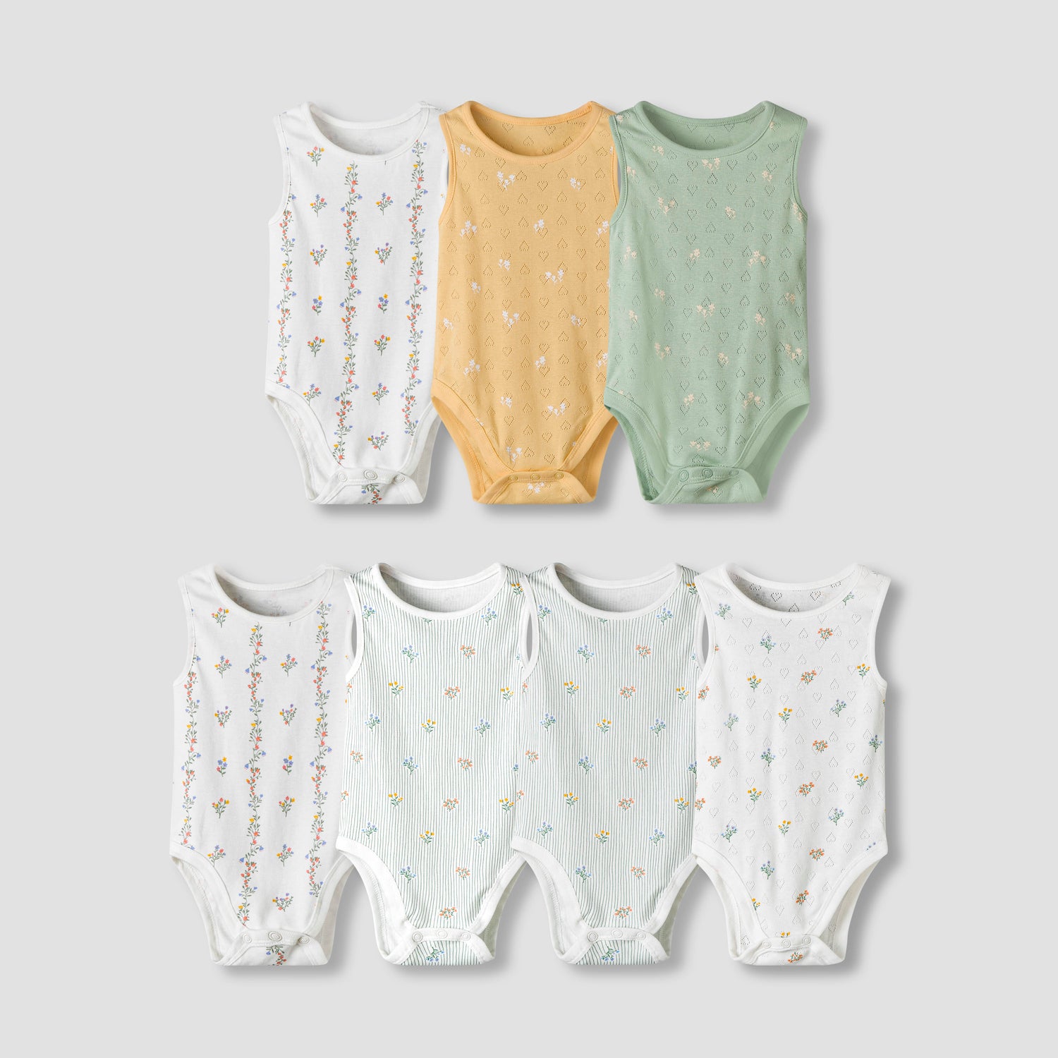 Pack of 7 Juniors Cotton Round Neck Sleeveless Bodysuit with Floral Print