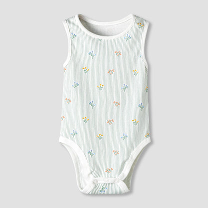Pack of 7 Juniors Cotton Round Neck Sleeveless Bodysuit with Floral Print