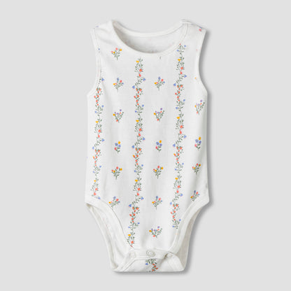 Pack of 7 Juniors Cotton Round Neck Sleeveless Bodysuit with Floral Print