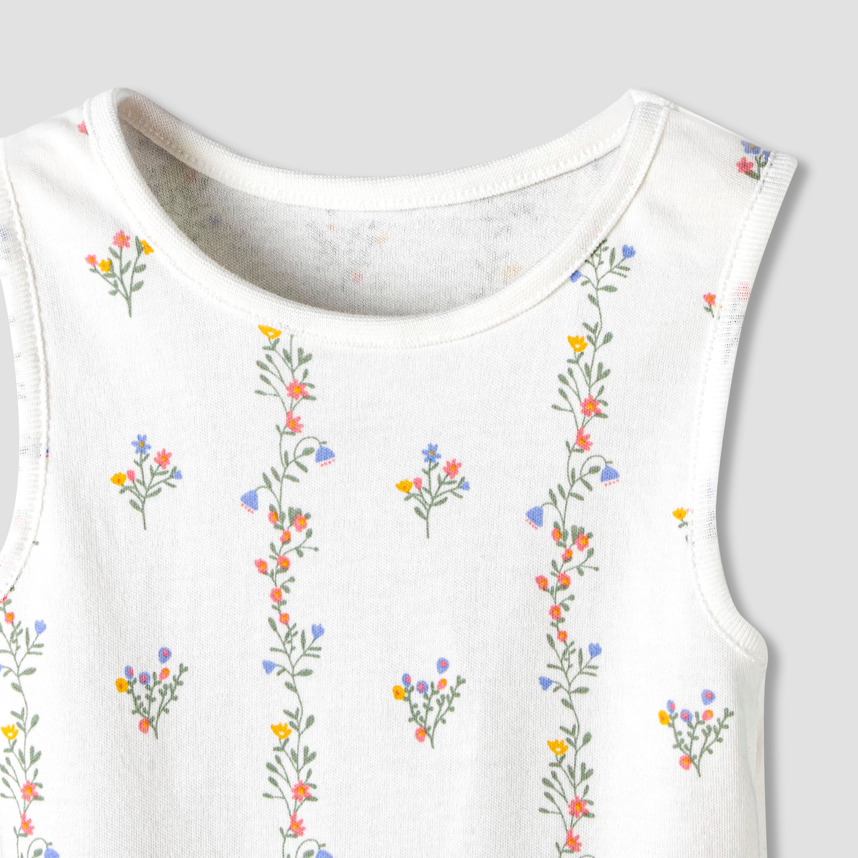 Pack of 7 Juniors Cotton Round Neck Sleeveless Bodysuit with Floral Print