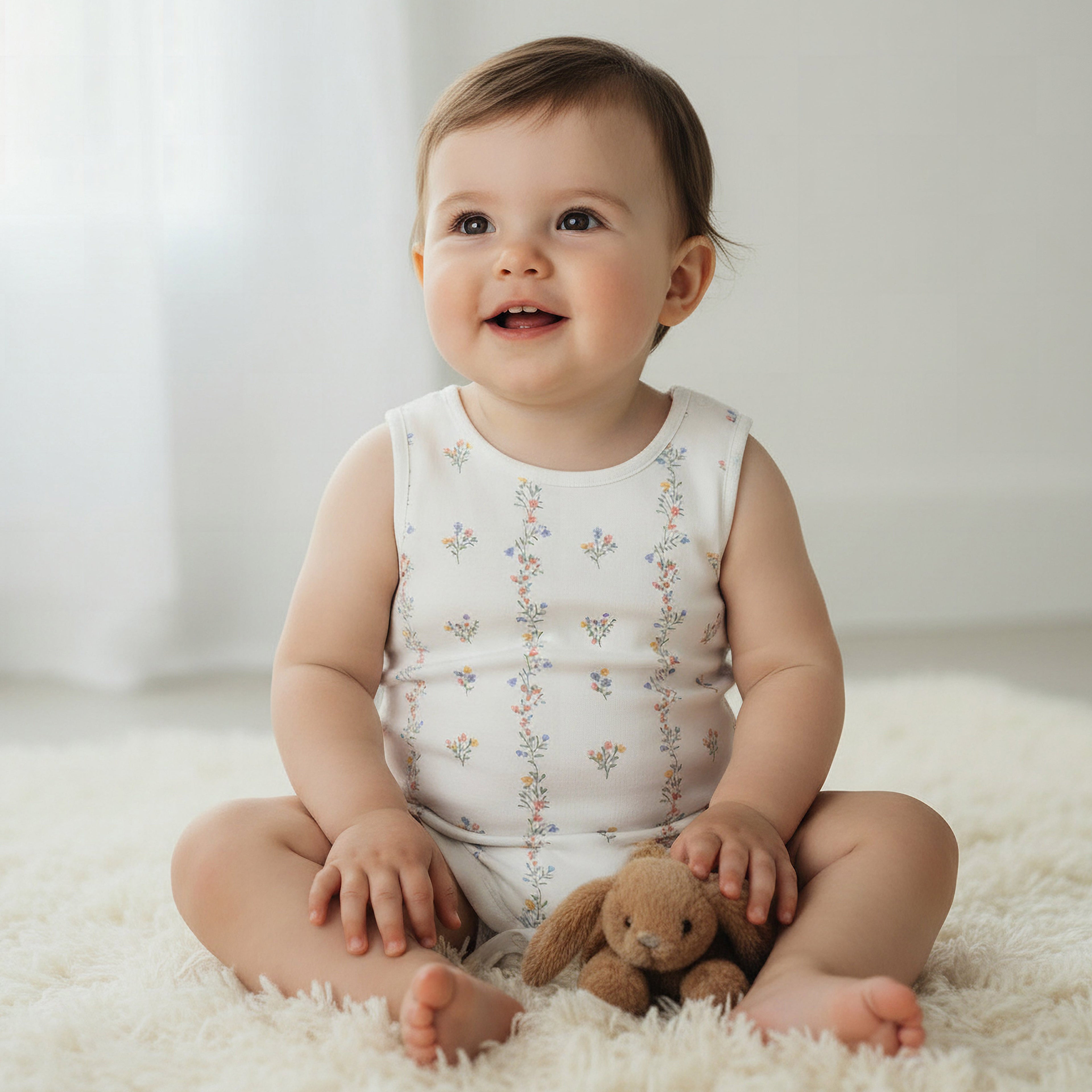 Pack of 7 Juniors Cotton Round Neck Sleeveless Bodysuit with Floral Print
