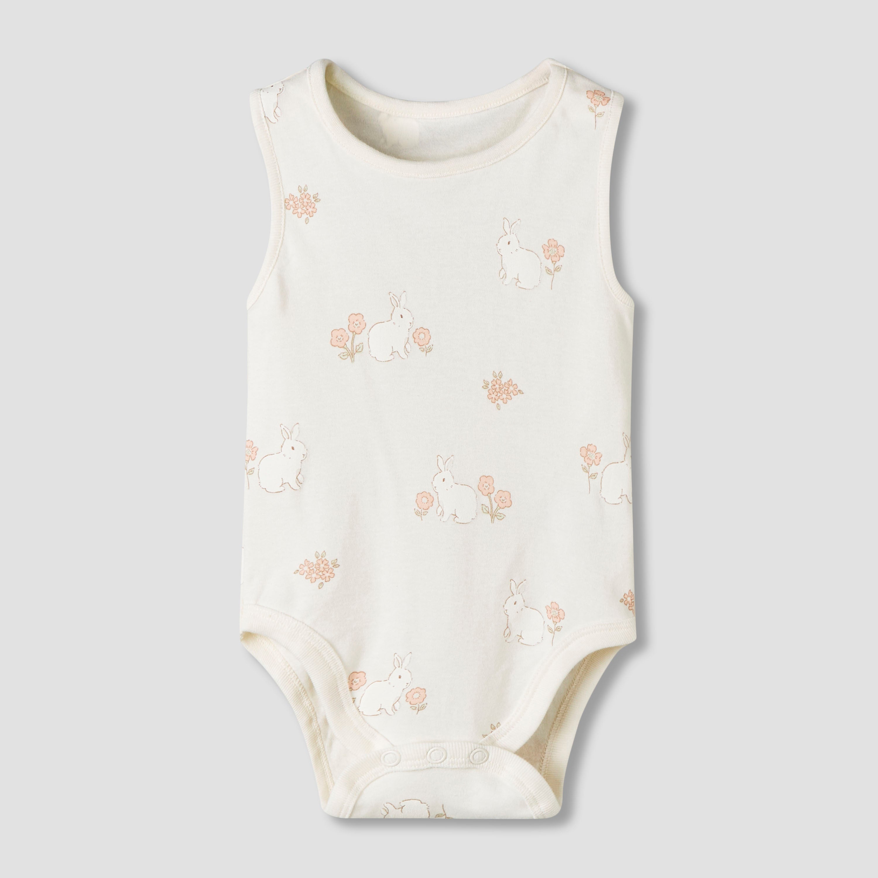 Pack of 7 Juniors Cotton Sleeveless Bodysuit with Floral Bunny Print