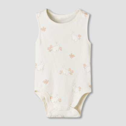 Pack of 7 Juniors Cotton Sleeveless Bodysuit with Floral Bunny Print
