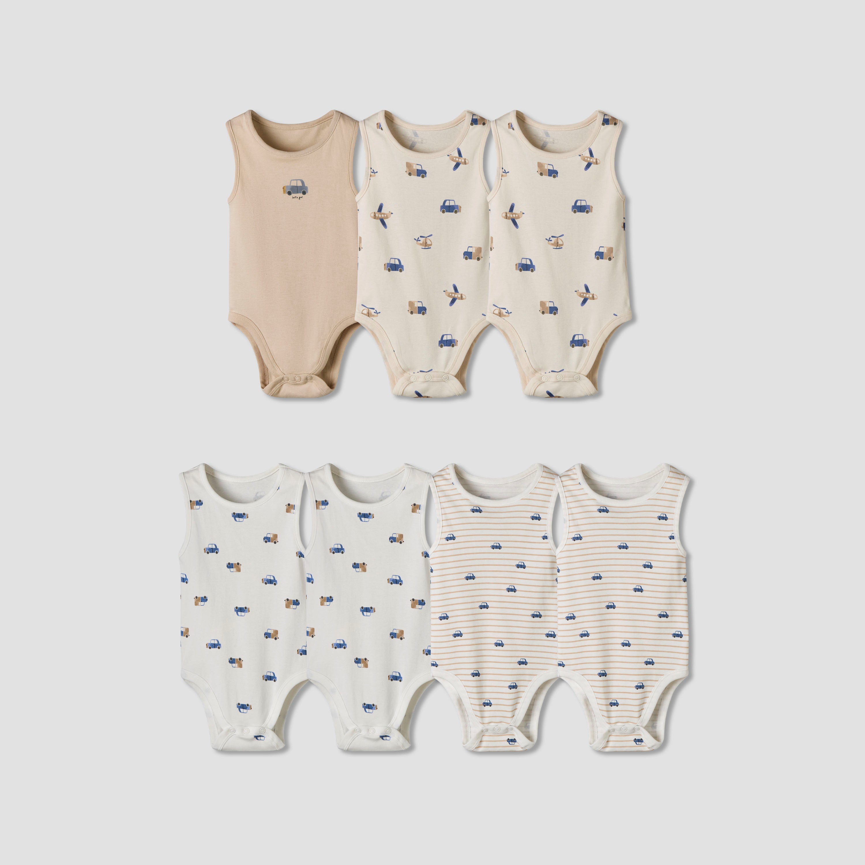 Pack of 7 Juniors Cotton Sleeveless Bodysuit with Vehicle Print - Beige / 12-18 mths